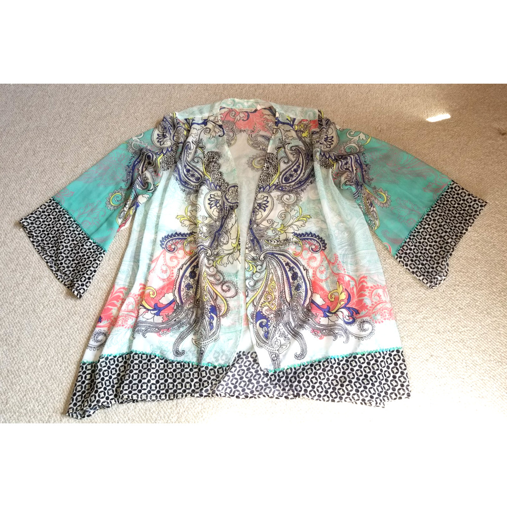 Womens Jacket-SOFT SURROUNDINGS-aqua/black/ivory paisley sheer 'Muse Kimono'-L